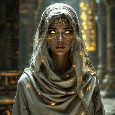 The primary subject of the image is a woman wearing a white robe with a hood. She is standing in a dark room, possibly a temple, with a glowing aura around her. The setting appears to be a dimly lit environment, and the visual style seems to be a combination of a photo and digital art. The woman's outfit and the glowing aura create a mysterious and enchanting atmosphere.